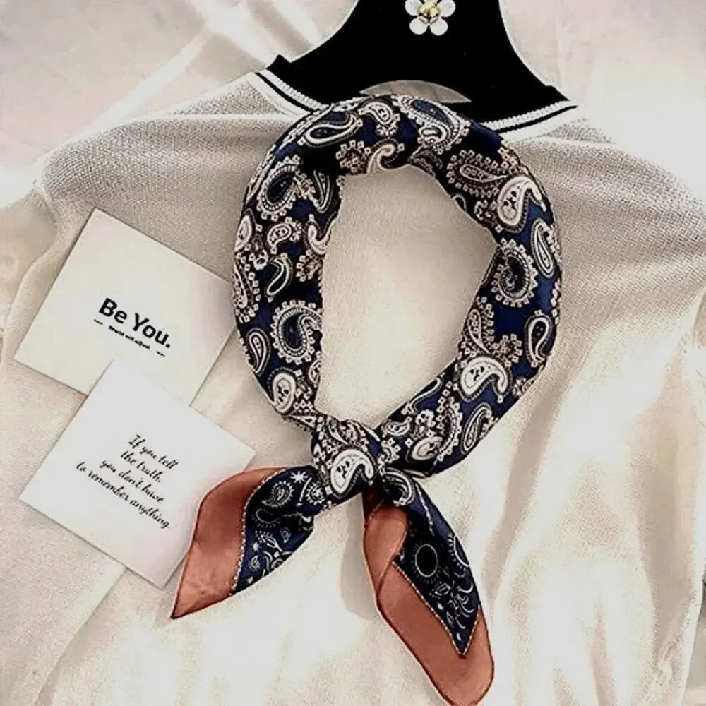 Women's Fashion Satin Blue Mulberry Printing Silky Scarf